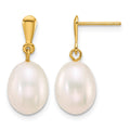 14k 8-9mm Rice White Freshwater Cultured Pearl Post Dangle Earrings