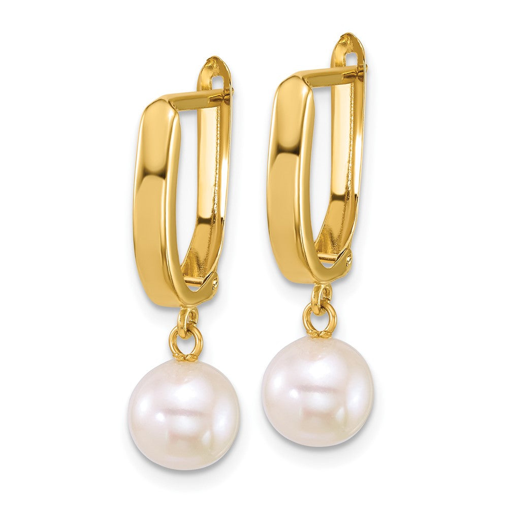 14k 7-8mm Round White FW Cultured Pearl Dangle Hoop Earrings