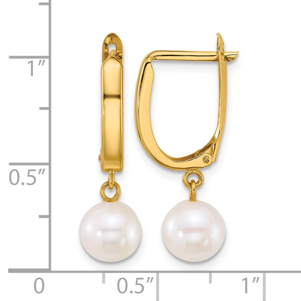 14k 7-8mm Round White FW Cultured Pearl Dangle Hoop Earrings