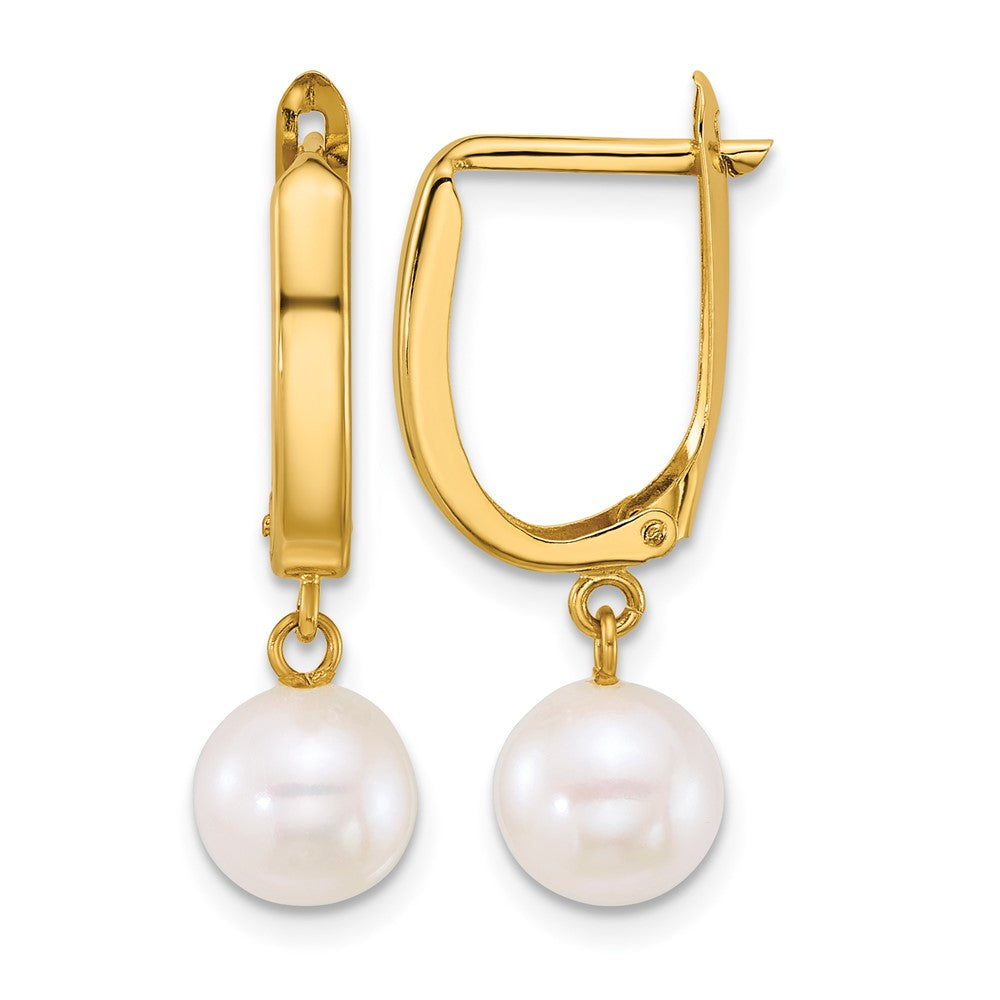 14k 7-8mm Round White FW Cultured Pearl Dangle Hoop Earrings