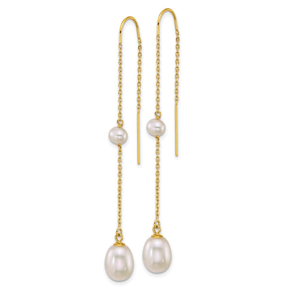 14k Near-Round/Teardrop White Freshwater Cultured Pearl Threader Earrings