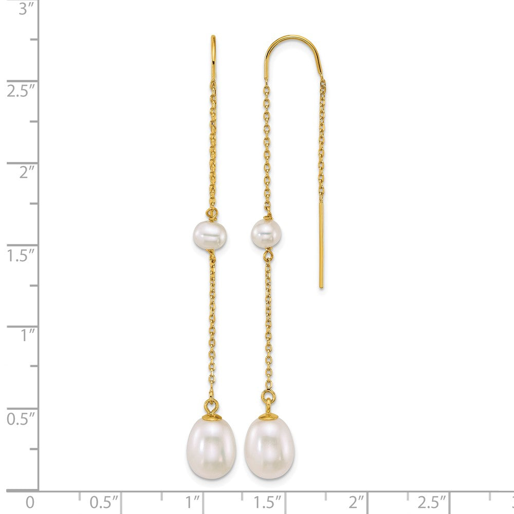 14k Near-Round/Teardrop White Freshwater Cultured Pearl Threader Earrings