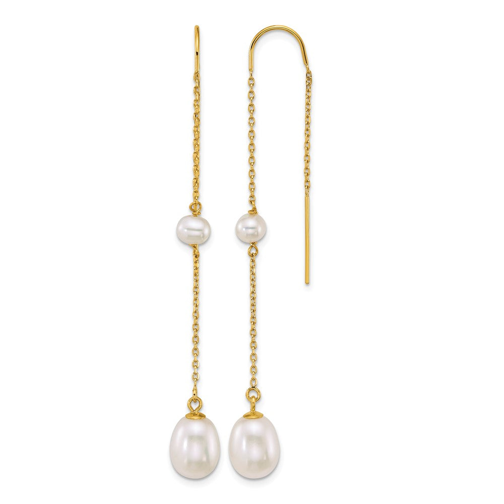 14k Near-Round/Teardrop White Freshwater Cultured Pearl Threader Earrings