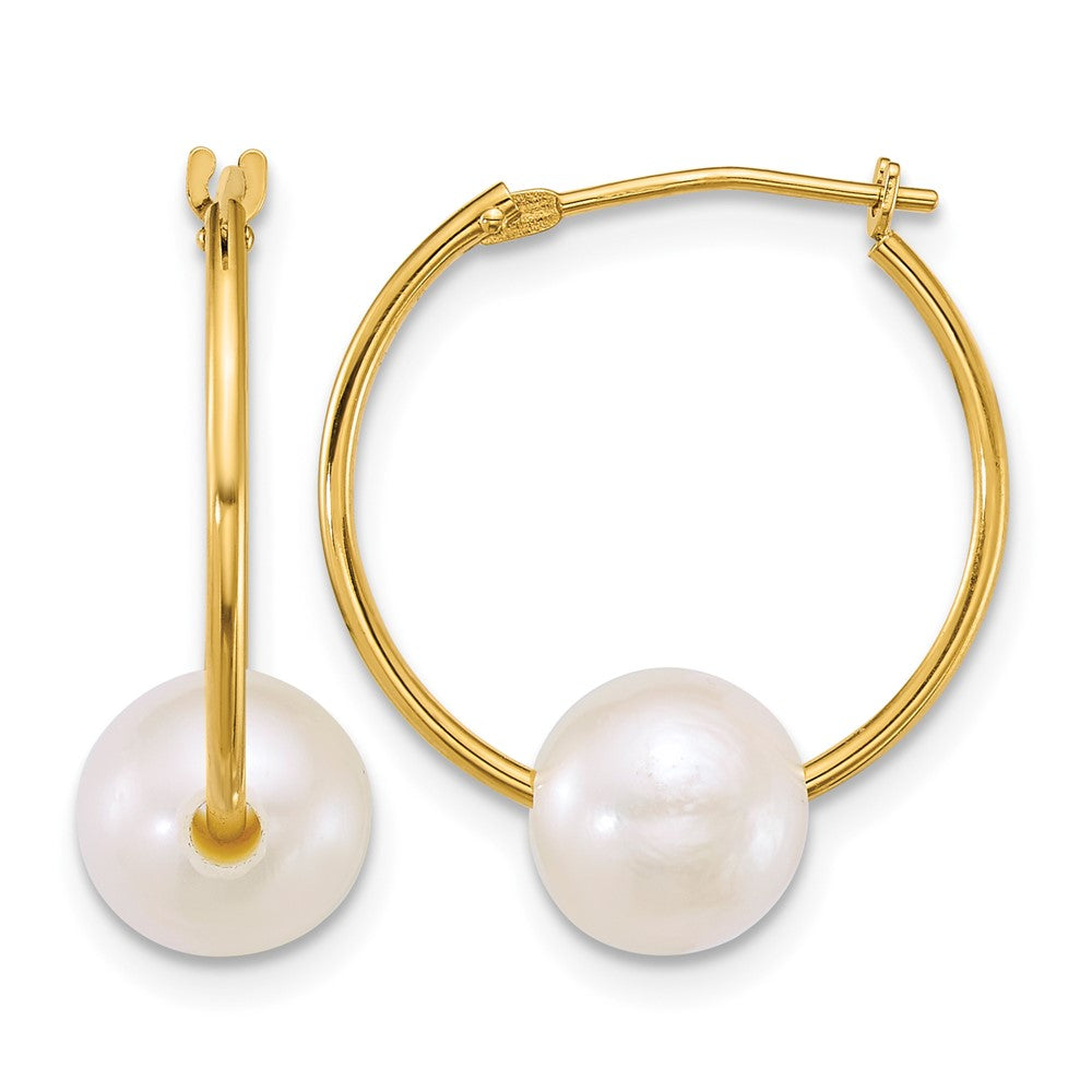 14k 7-8mm Semi-Rnd White Freshwater Cultured Pearl Hoop Earrings