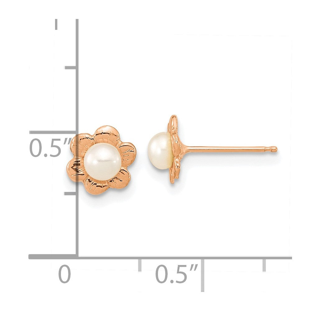 14K Rose Gold 3-4mm Button White FWC Pearl Flower Earrings