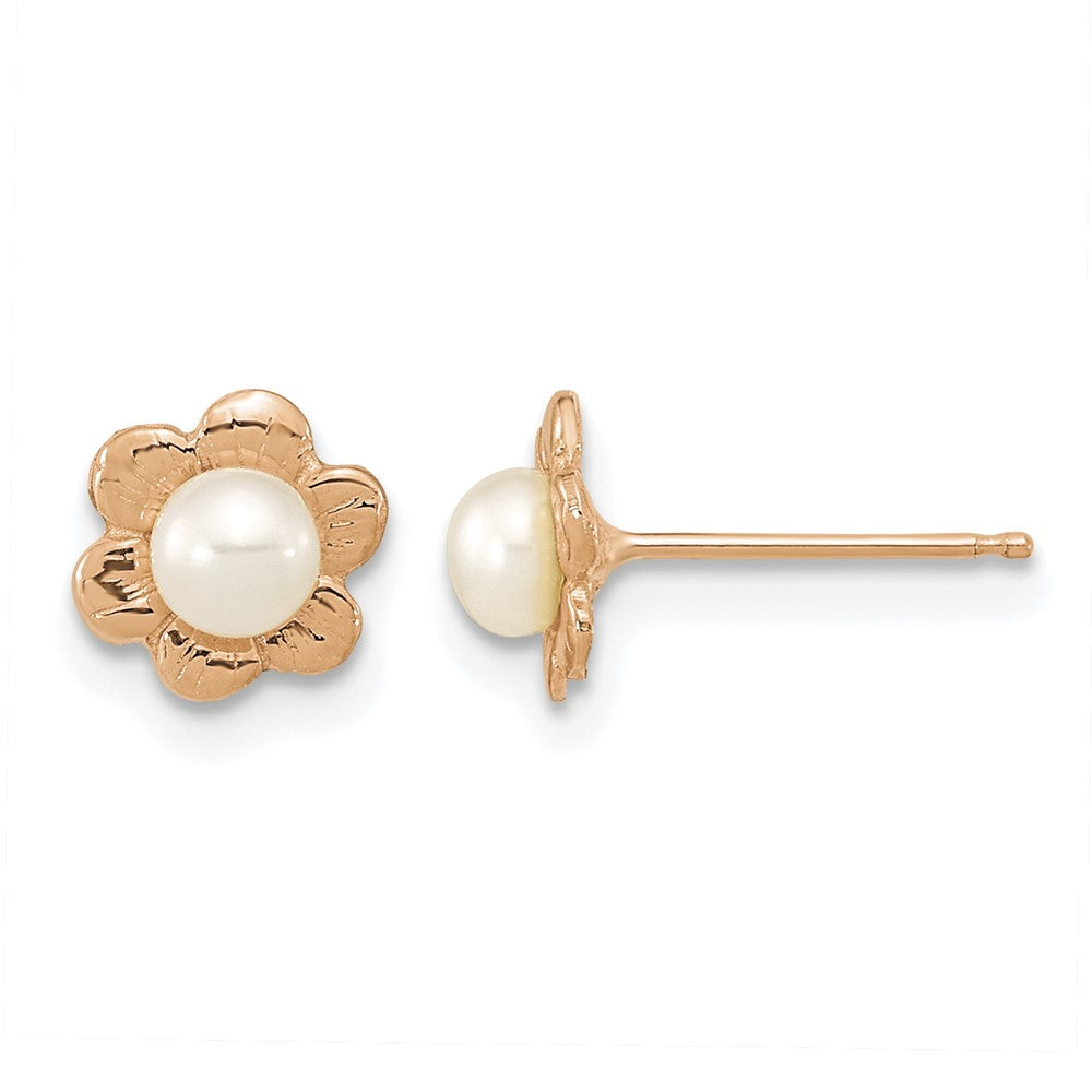 14K Rose Gold 3-4mm Button White FWC Pearl Flower Earrings