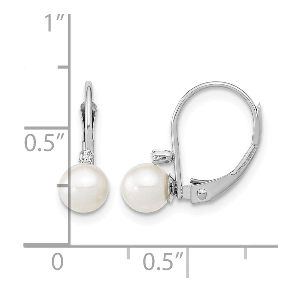 14K White Gold 5-6mm Round White FWC Pearl .02ct. Dia. Leverback Earrings