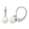 14K White Gold 5-6mm Round White FWC Pearl .02ct. Dia. Leverback Earrings