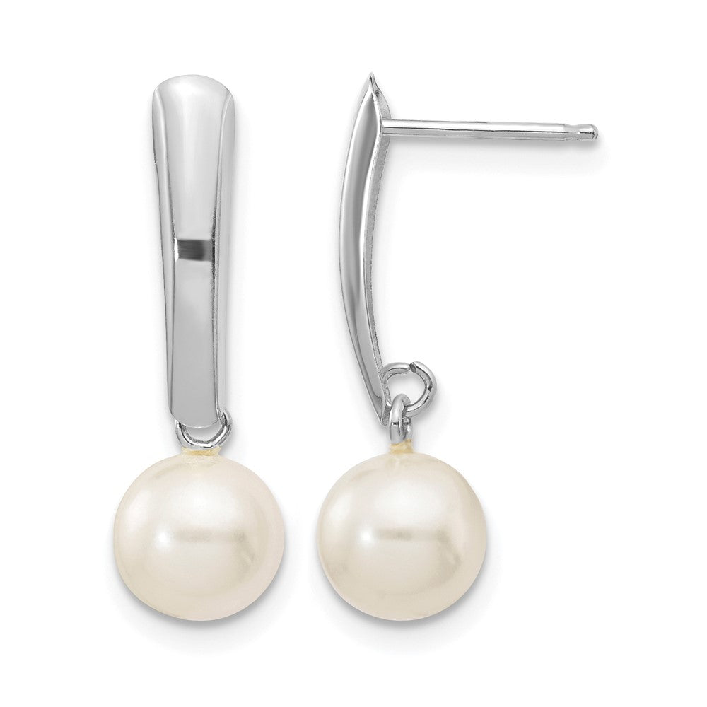 14K White Gold 6-7mm Round White FWC Pearl Post Dangle Earrings