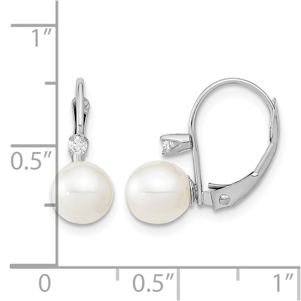 14K White Gold 6-7mm Round White FWC Pearl .06ct. Dia. Leverback Earrings