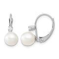 14K White Gold 6-7mm Round White FWC Pearl .06ct. Dia. Leverback Earrings