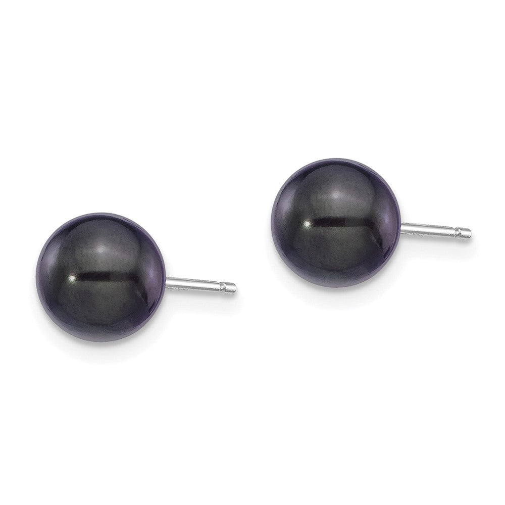 14K White Gold 7-8mm Round Black Saltwater Akoya Cultured Pearl Earrings