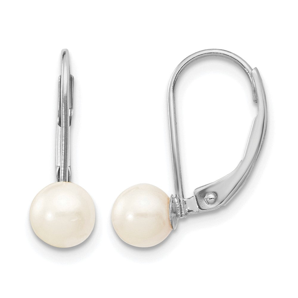 14K White Gold 5-6mm Round White Saltwater Akoya Pearl Leverback Earrings