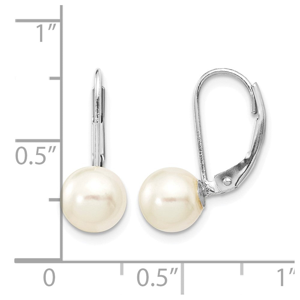 14K White Gold 7-8mm Round White Saltwater Akoya Pearl Leverback Earrings