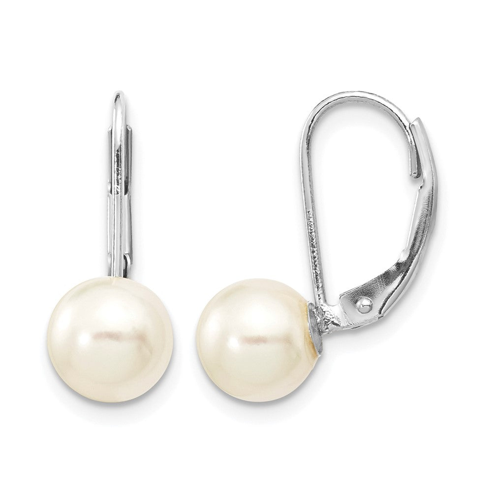 14K White Gold 7-8mm Round White Saltwater Akoya Pearl Leverback Earrings