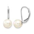 14K White Gold 7-8mm Round White Saltwater Akoya Pearl Leverback Earrings