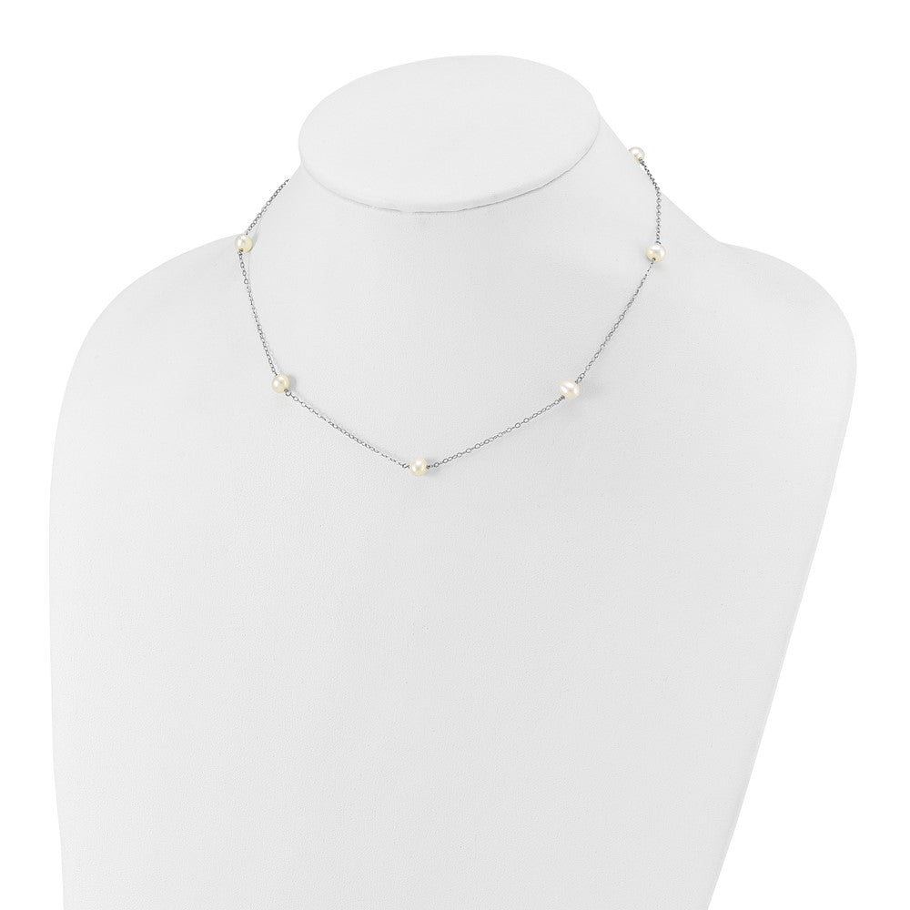 14K White Gold 5-6mm Round White FWC Pearl 7 Station Necklace