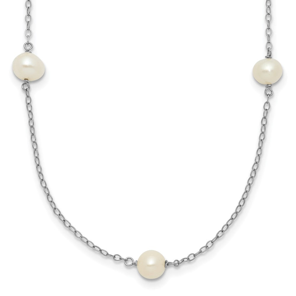 14K White Gold 5-6mm Round White FWC Pearl 7 Station Necklace