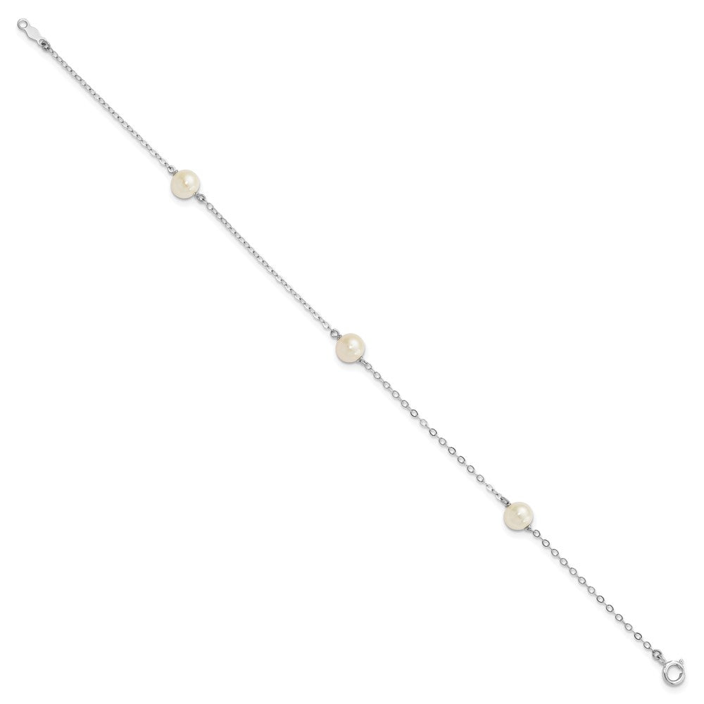 14K White Gold 5-6mm Round White FWC Pearl 3 Station Bracelet