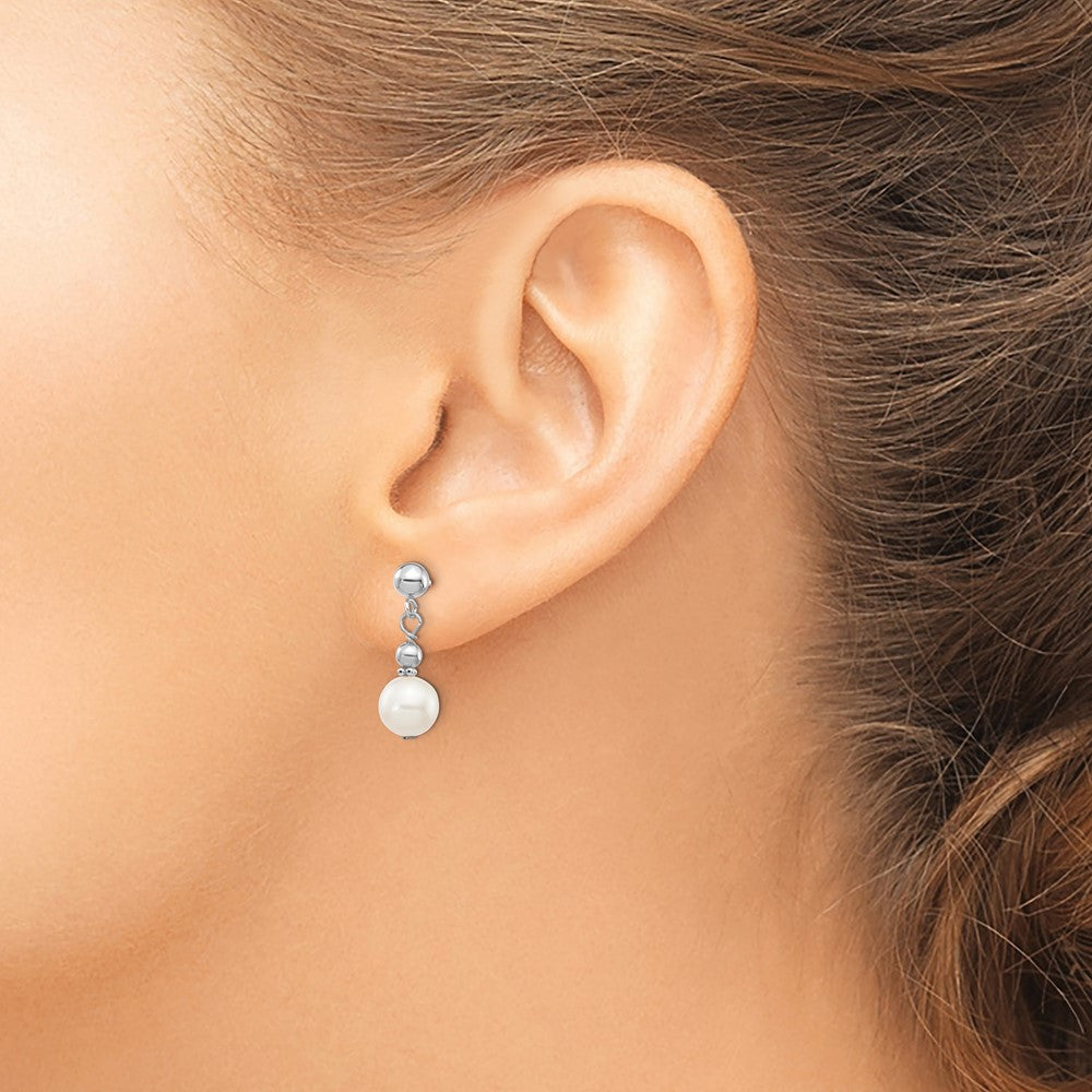 14kw 7-8mm White Semi-round Freshwater Cultured Pearl Post Dangle Earrings
