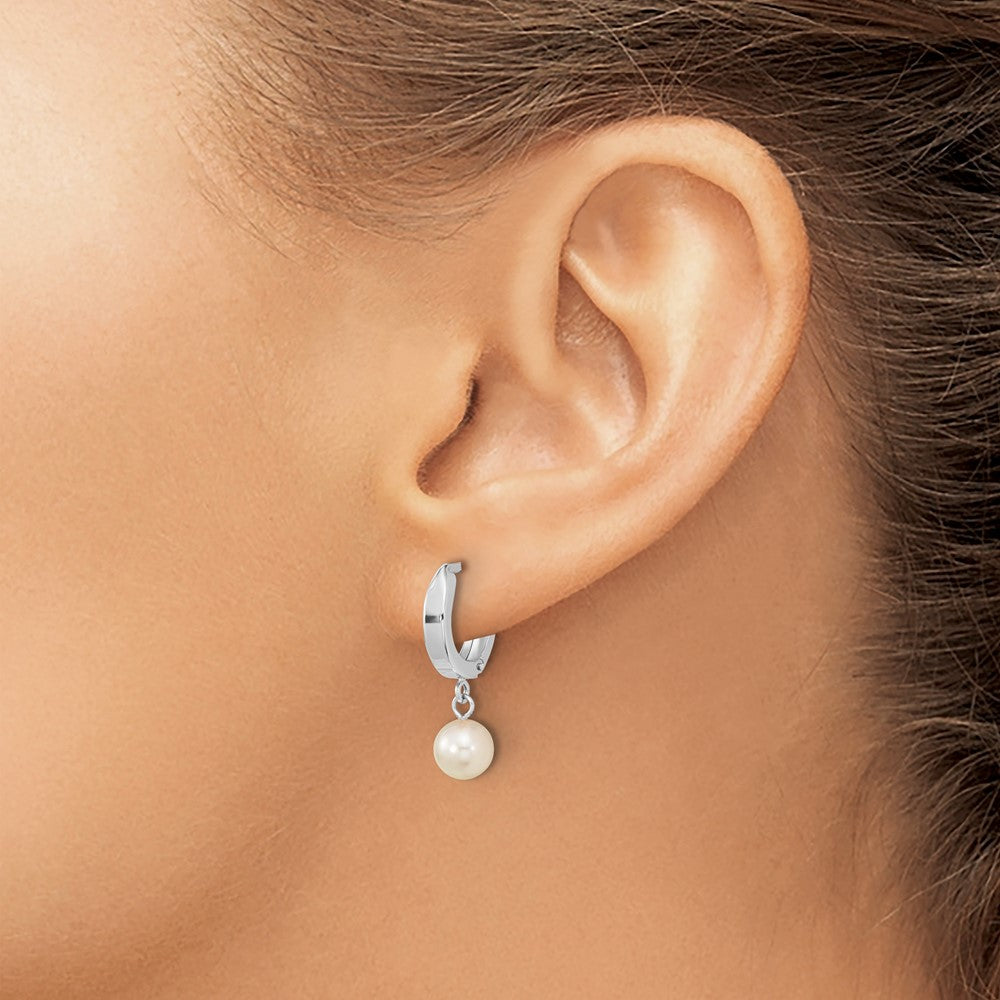14k WG 6-7mm Rnd Akoya Saltwater Cultured Pearl Dangle Hoop Earrings