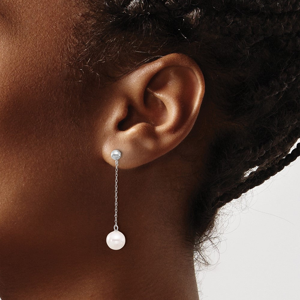 14kw 7-8mm White Round Freshwater Cultured Pearl Post Dangle Earrings