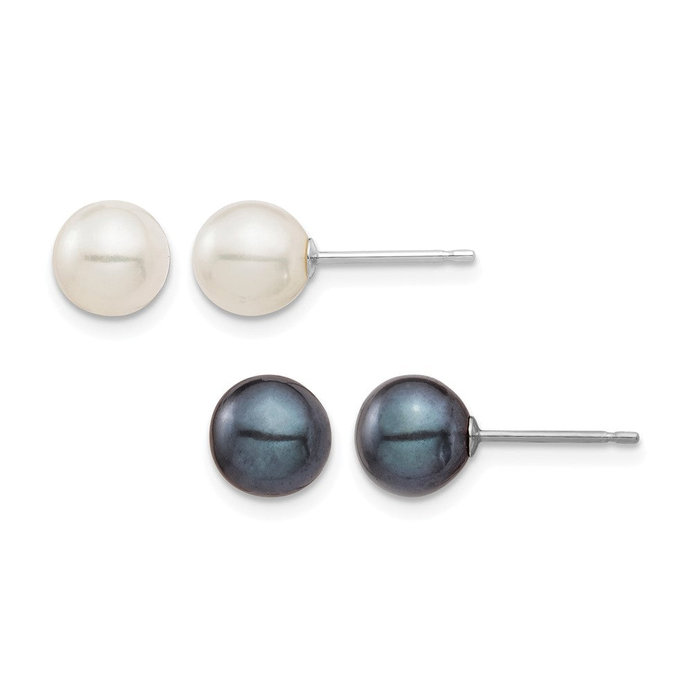 10K White Gold 6-7mm Round White and Black FWC Pearl 2 Earrings Set
