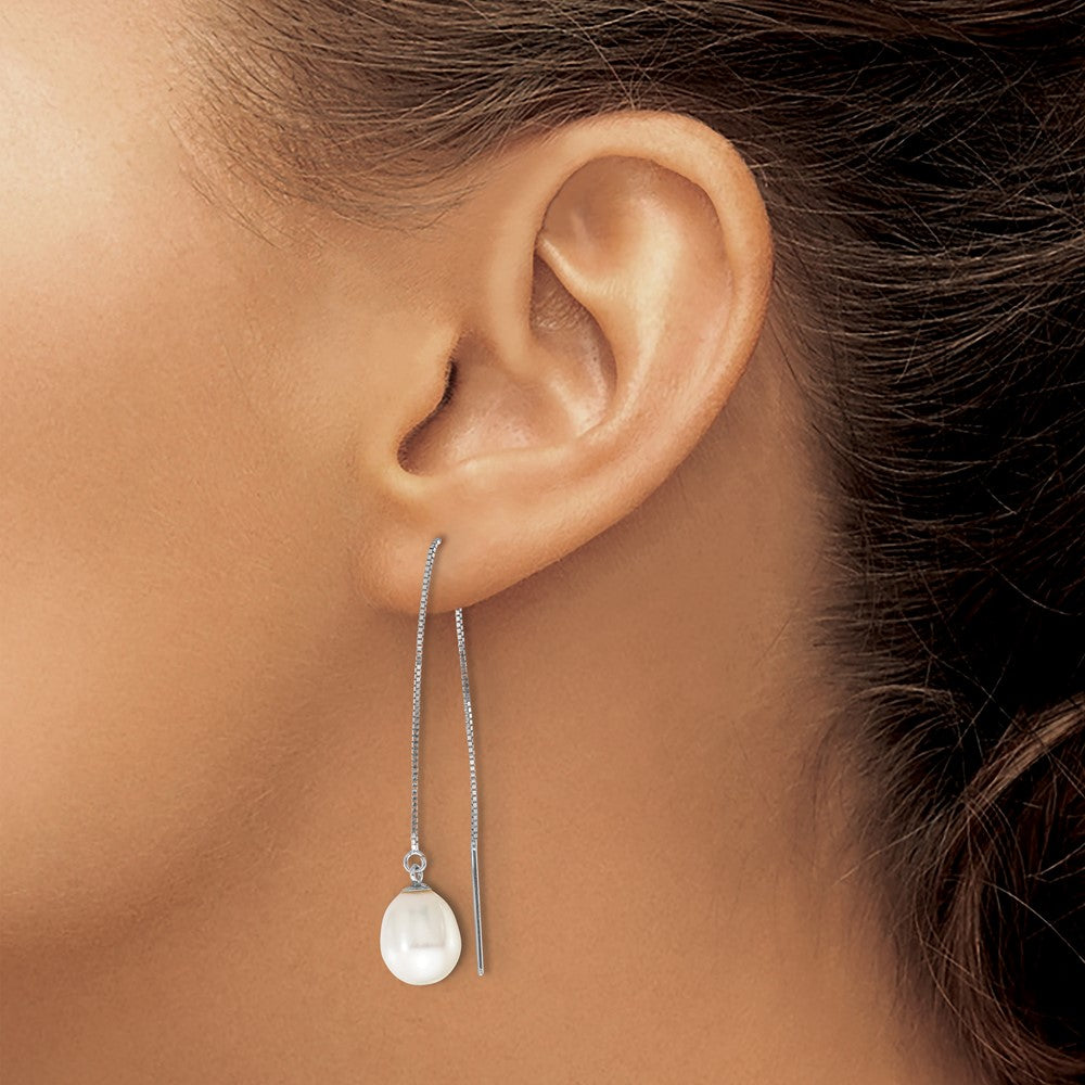 14k WG 6-8mm Teardrop Freshwater Cultured Pearl Threader Earrings