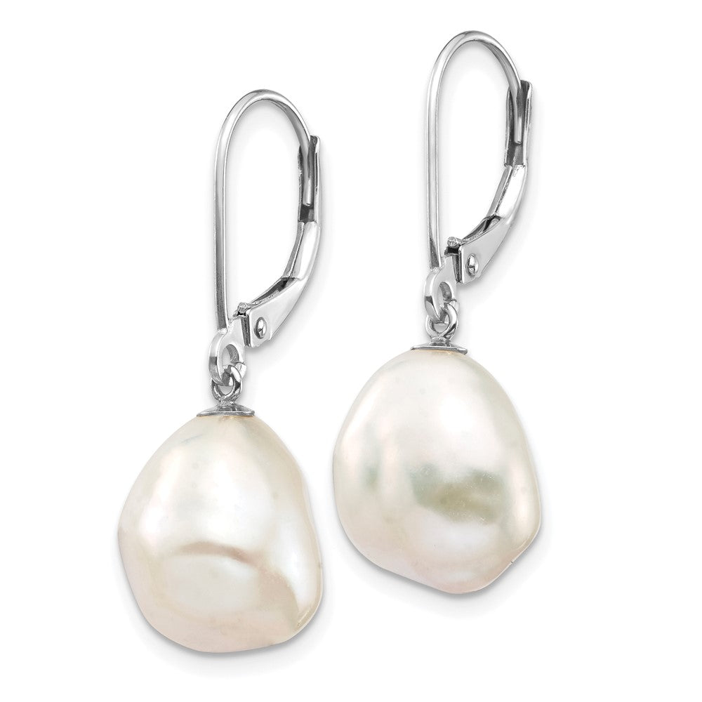 14K White Gold 10x13mm Keshi White FWC Pearl Dangle Earrings