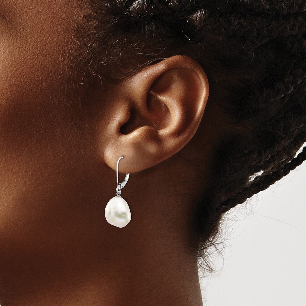 14K White Gold 10x13mm Keshi White FWC Pearl Dangle Earrings
