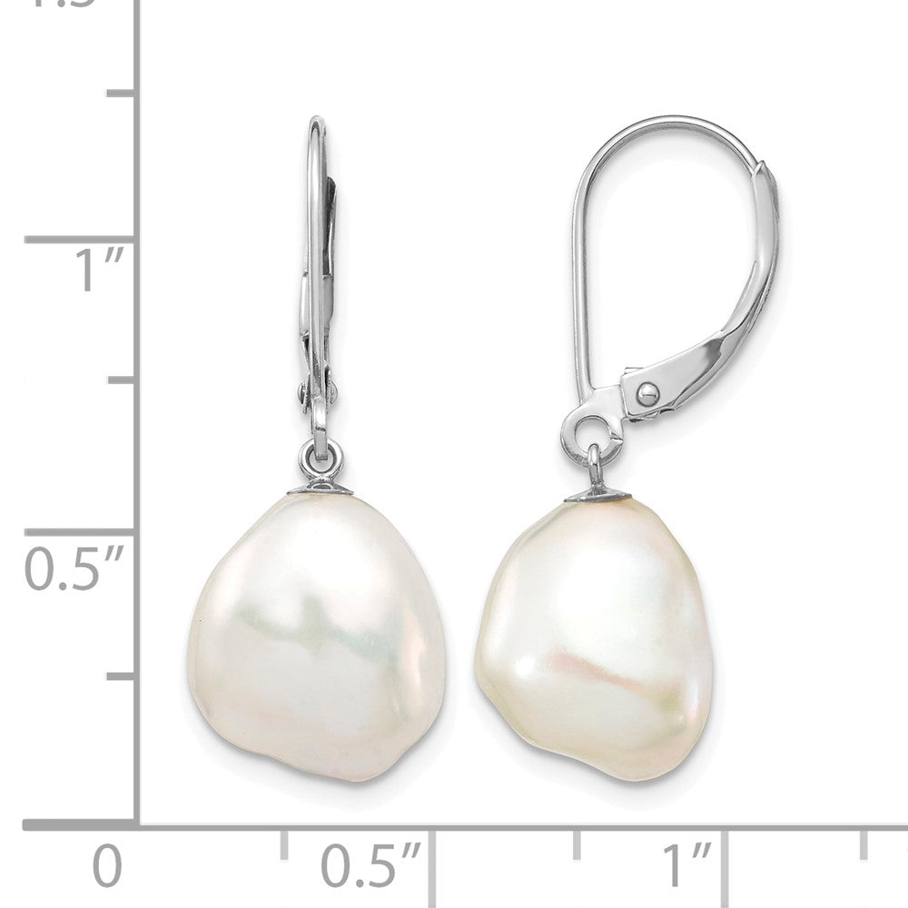 14K White Gold 10x13mm Keshi White FWC Pearl Dangle Earrings