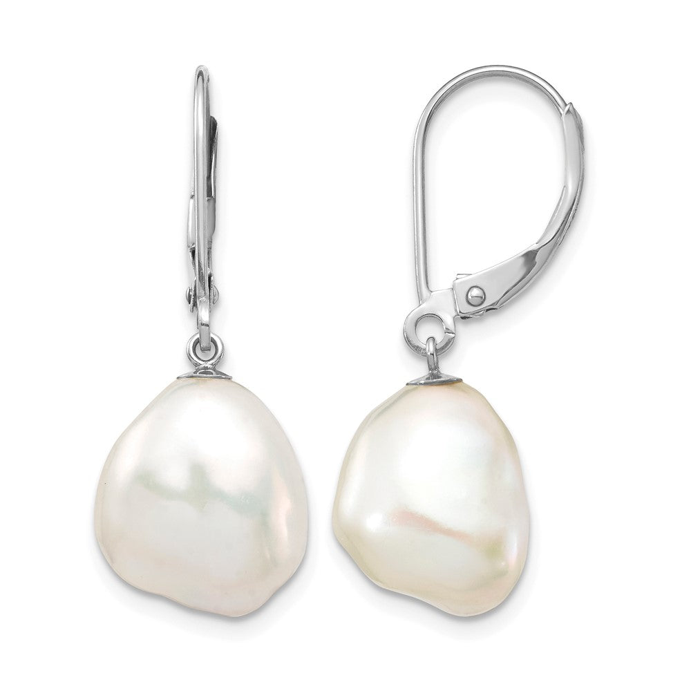14K White Gold 10x13mm Keshi White FWC Pearl Dangle Earrings
