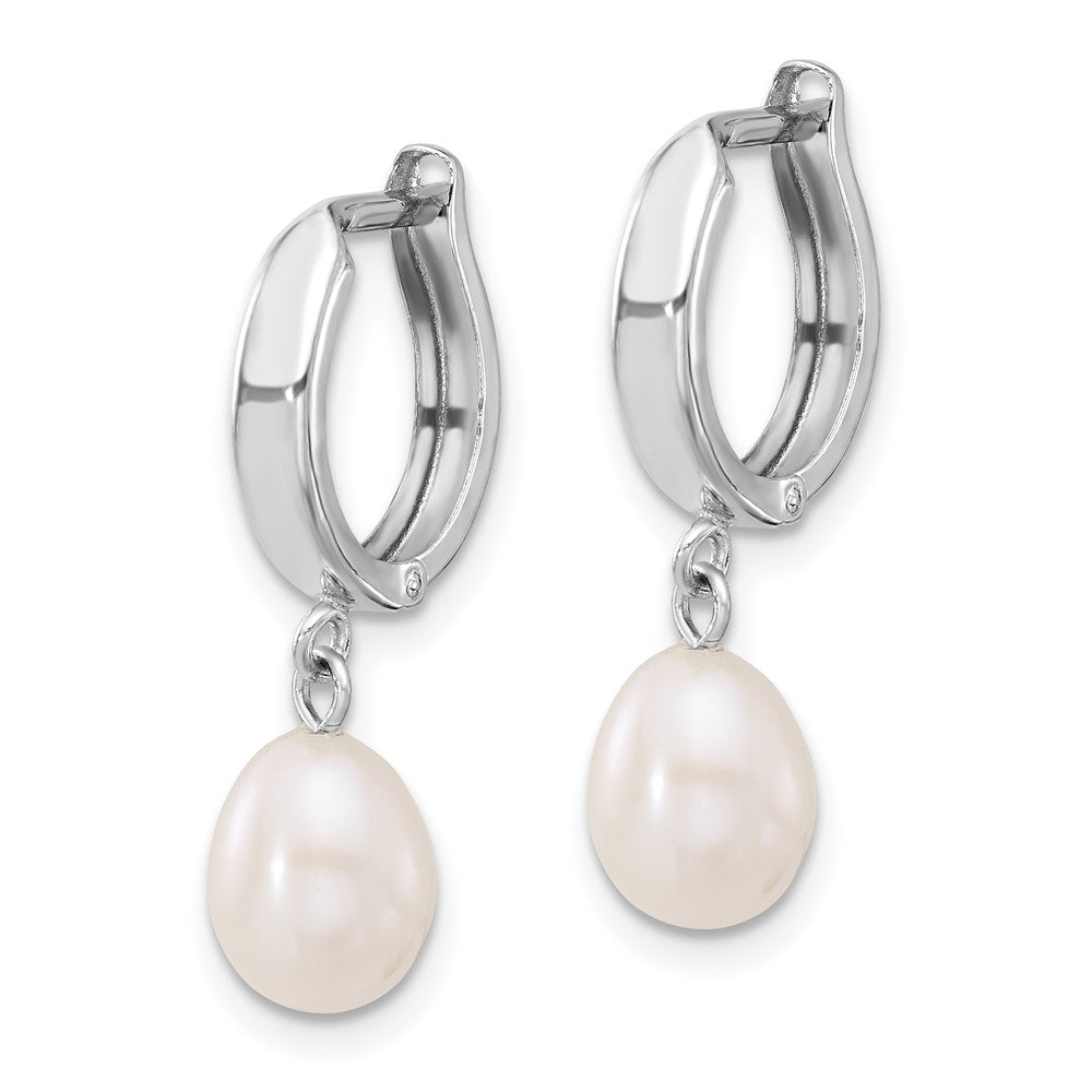 14K White Gold 6-7mm Teardrop White FWC Pearl Hoop Dangle Earrings