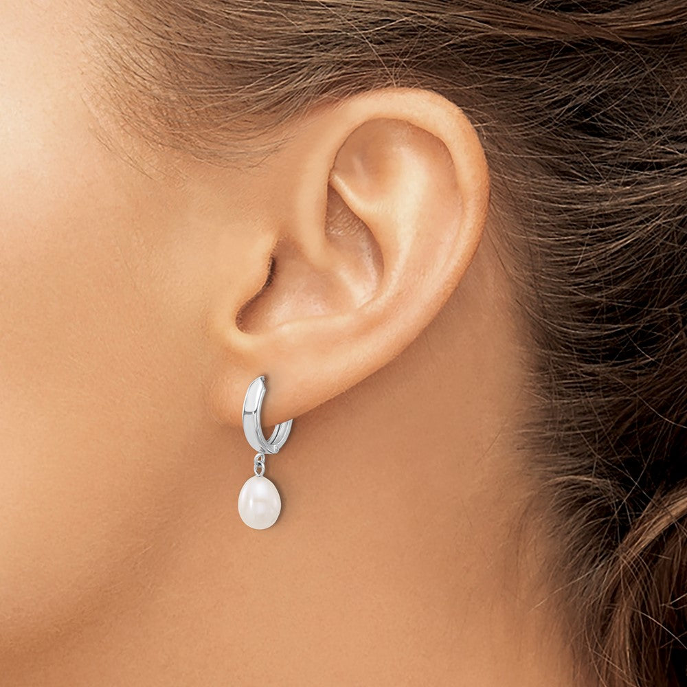 14K White Gold 6-7mm Teardrop White FWC Pearl Hoop Dangle Earrings