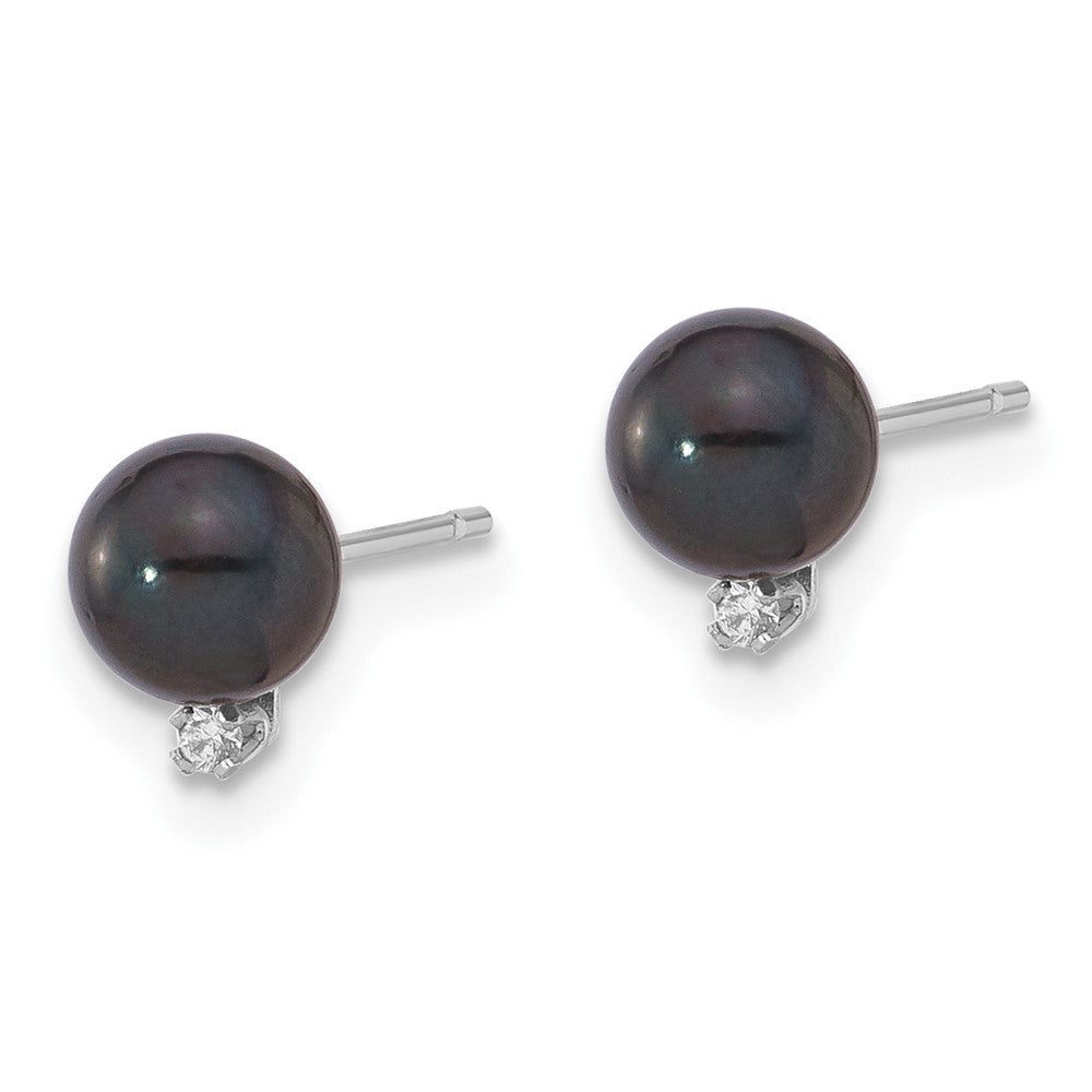 14K White Gold 5-6mm Blk Saltwater Akoya Pearl .02ct Dia Post Earrings