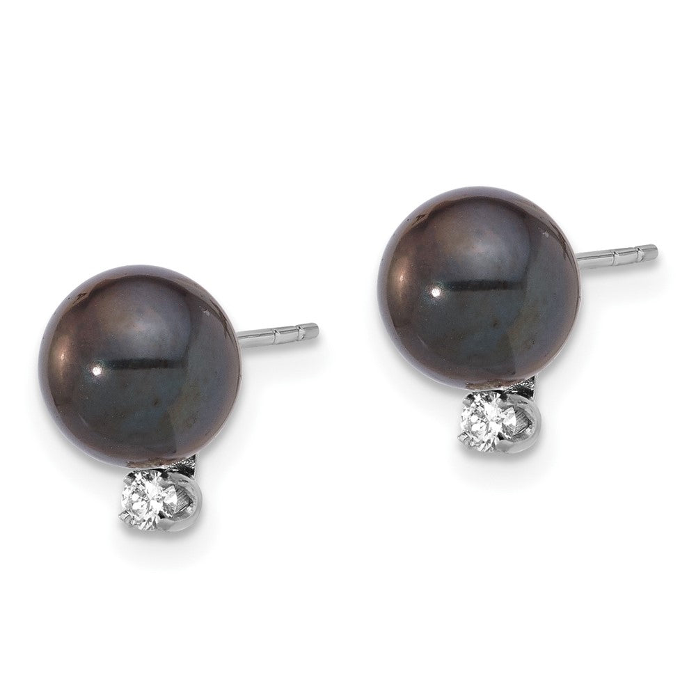 14K White Gold 7-8mm Round Black Akoya Pearl & .10ct Dia Post Earrings