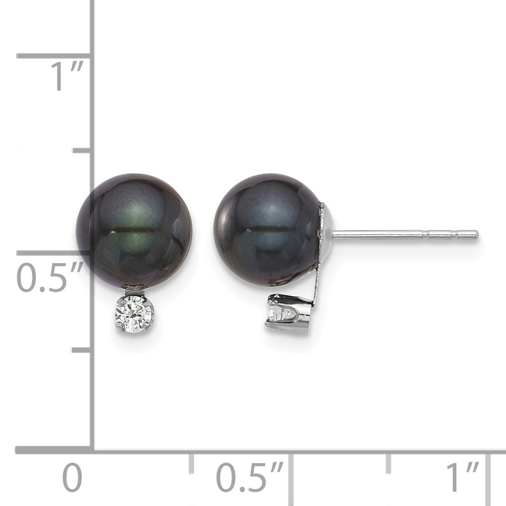14K White Gold 7-8mm Round Black Akoya Pearl & .10ct Dia Post Earrings