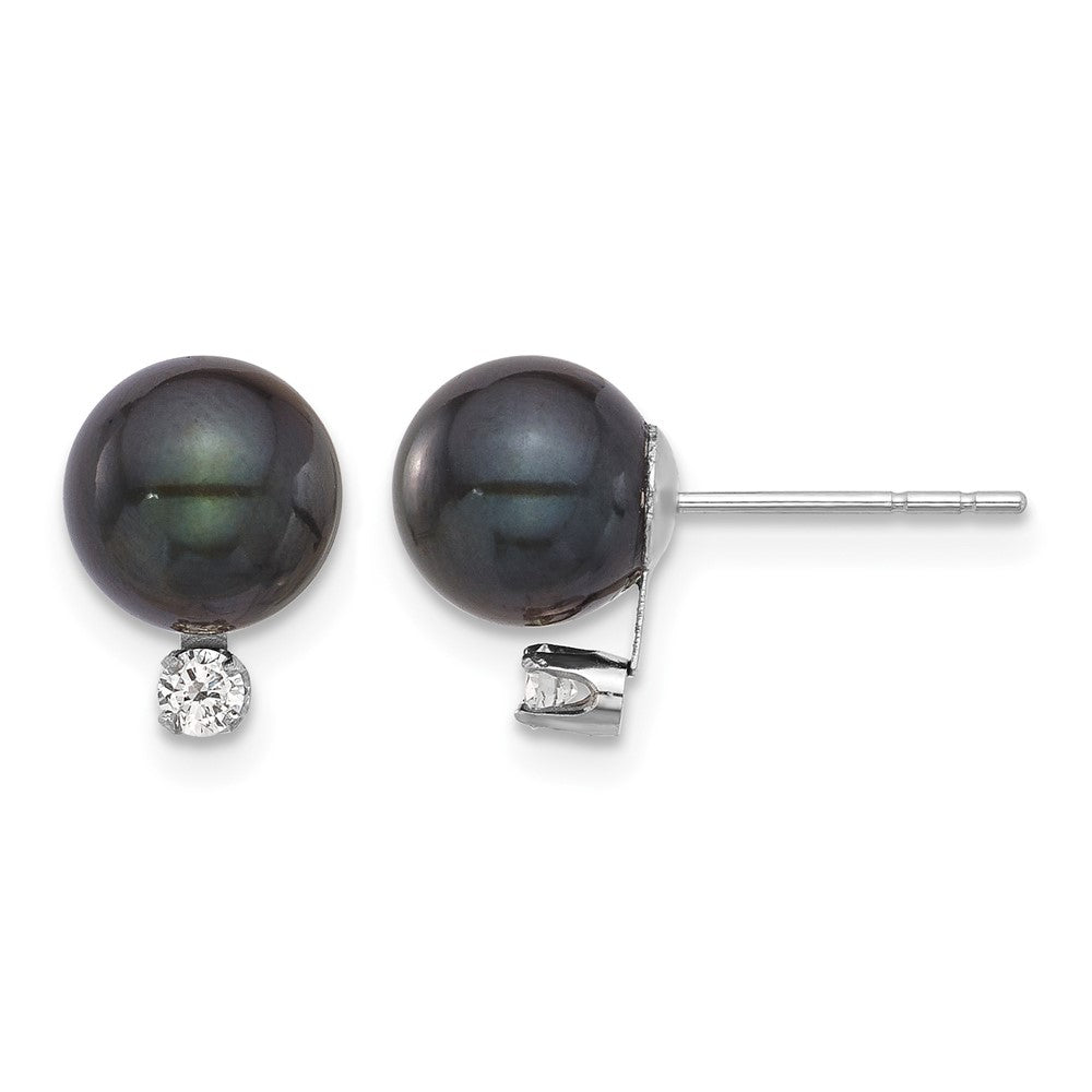 14K White Gold 7-8mm Round Black Akoya Pearl & .10ct Dia Post Earrings