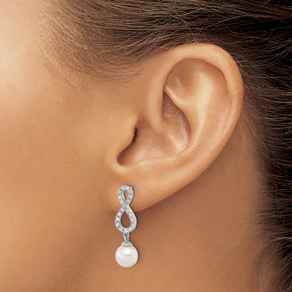 14K White Gold 7-8mm Wht Akoya Pearl and .40ct Dia Infinity Post Earrings