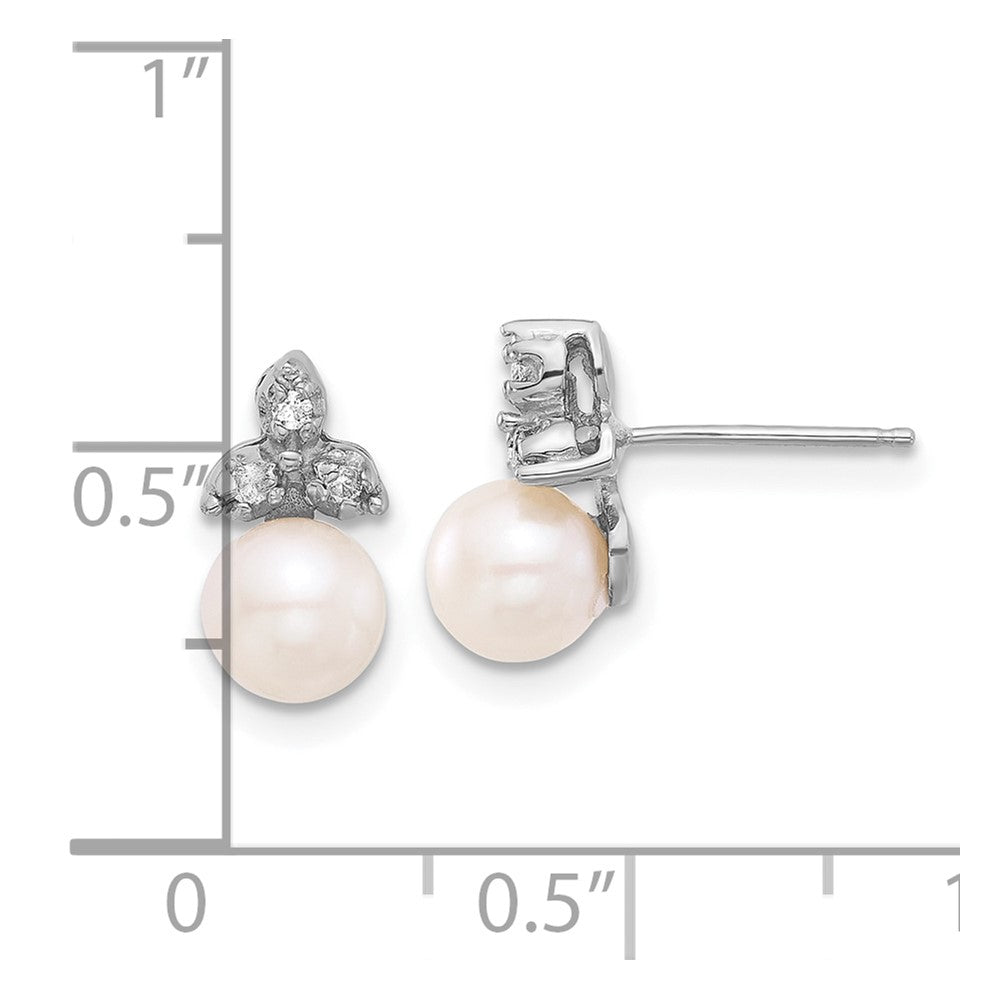 14K White Gold 5-6mm Round White FWC Pearl .06ct Dia Post Earrings