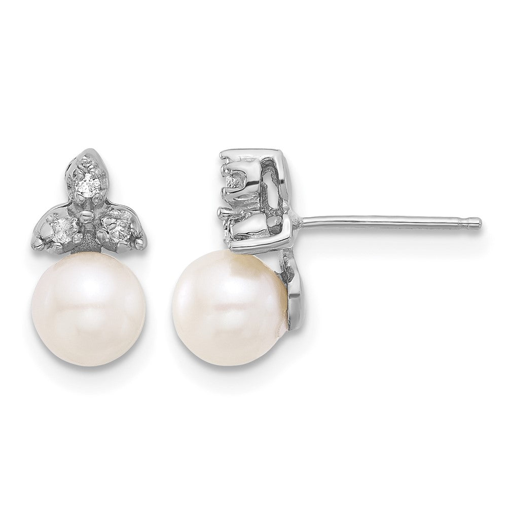 14K White Gold 5-6mm Round White FWC Pearl .06ct Dia Post Earrings