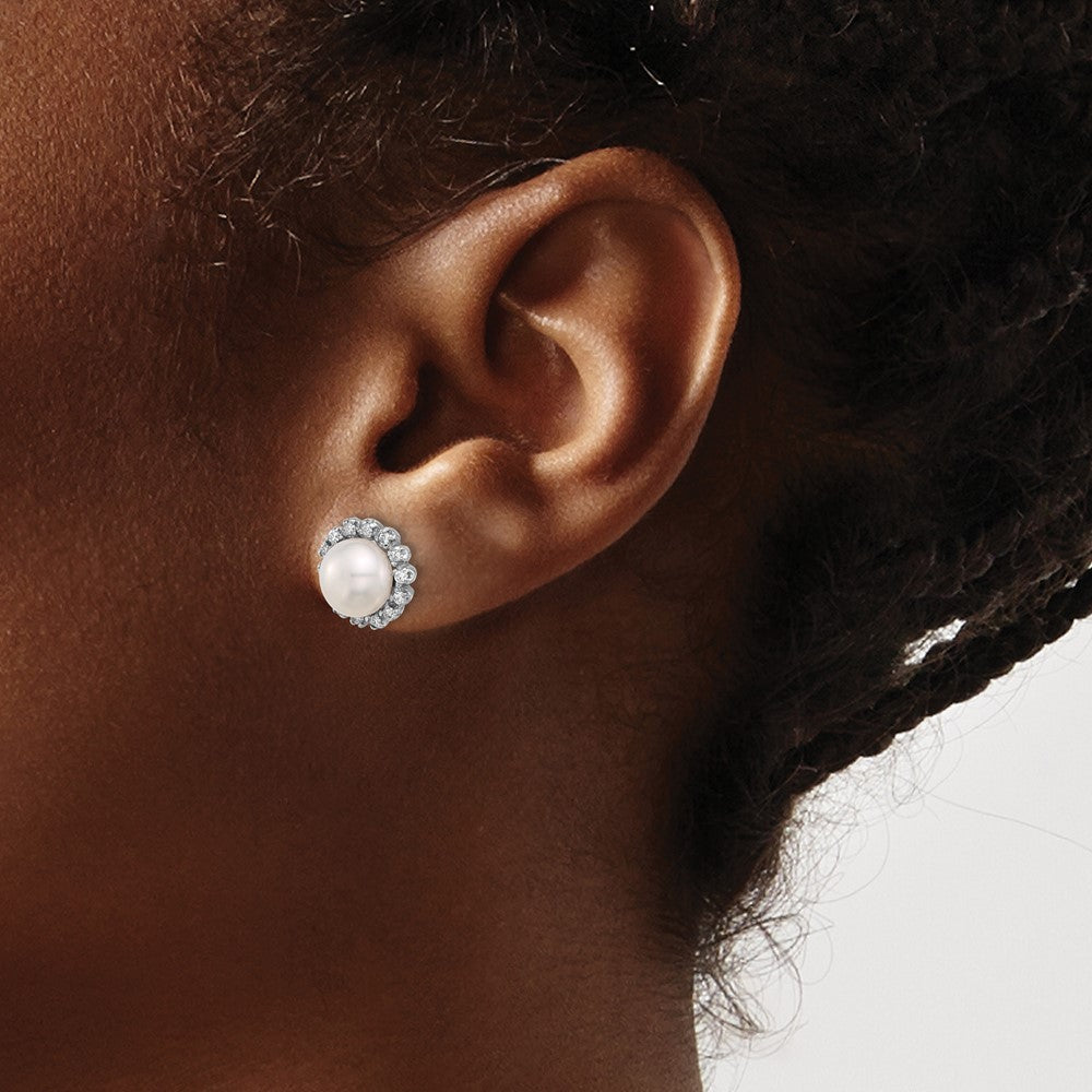 14K White Gold 7-8mm Button White FWC Pearl and .28ct Dia Post Earrings