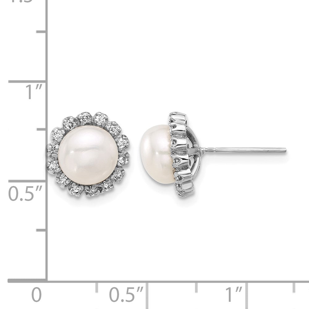 14K White Gold 7-8mm Button White FWC Pearl and .28ct Dia Post Earrings