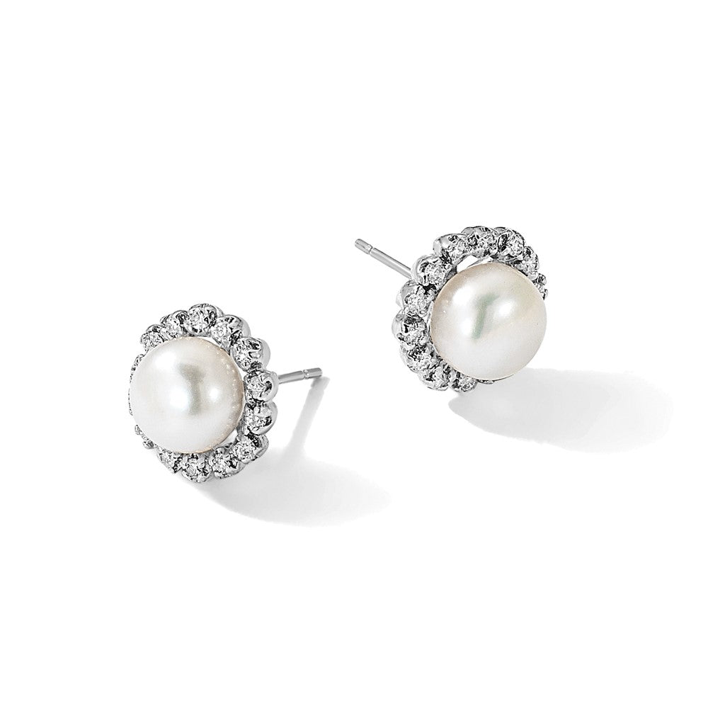 14K White Gold 7-8mm Button White FWC Pearl and .28ct Dia Post Earrings