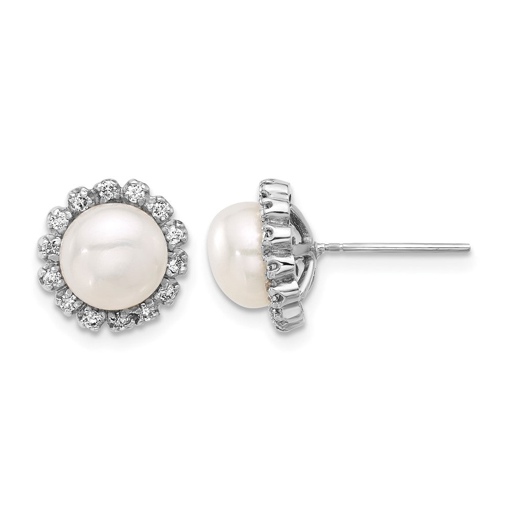 14K White Gold 7-8mm Button White FWC Pearl and .28ct Dia Post Earrings