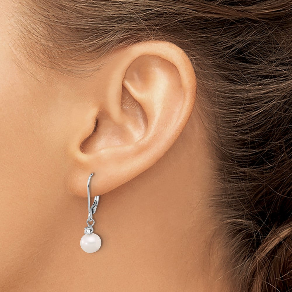 14K White Gold 7-8mm White FWC Pearl and .10ct Dia Dangle Earrings