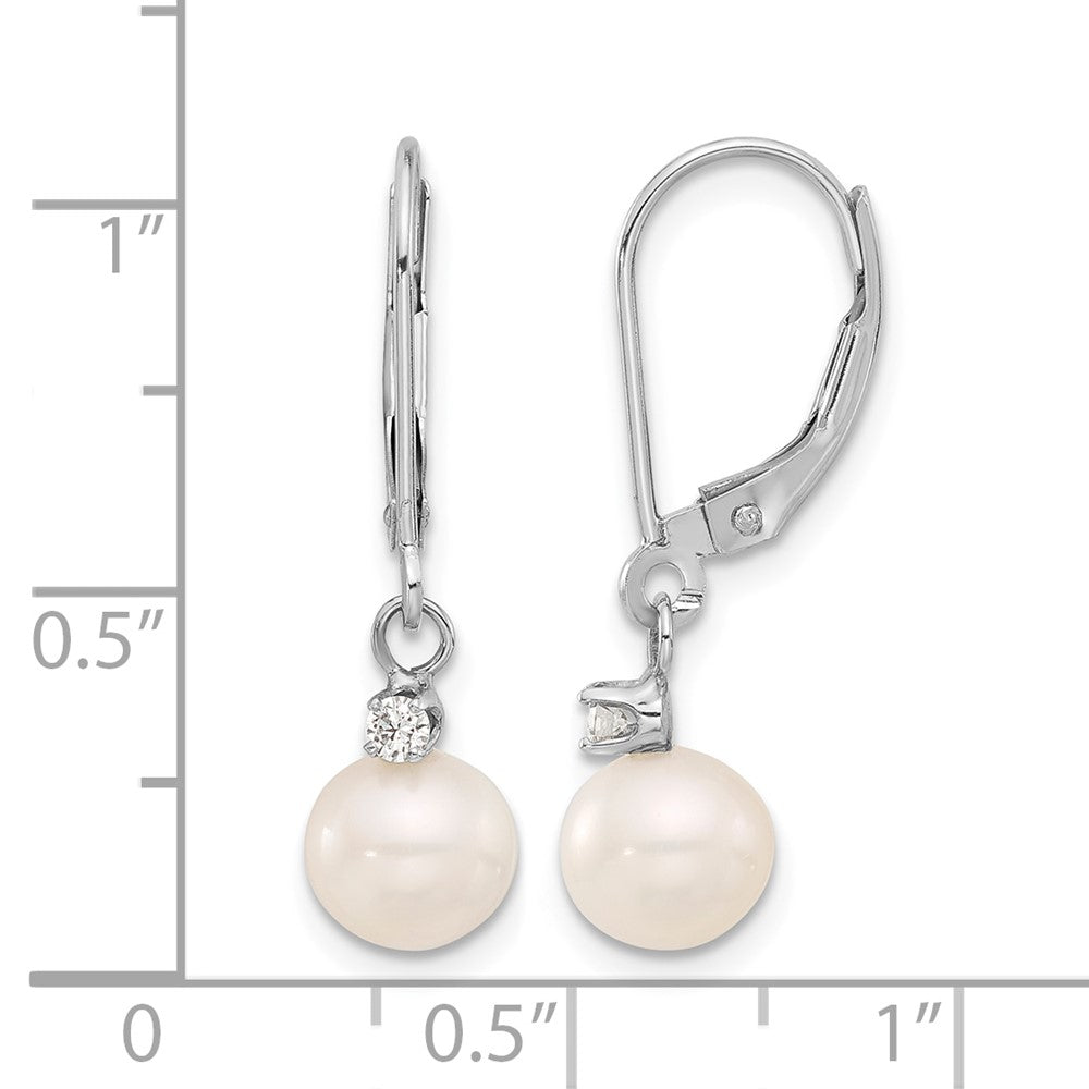 14K White Gold 7-8mm White FWC Pearl and .10ct Dia Dangle Earrings