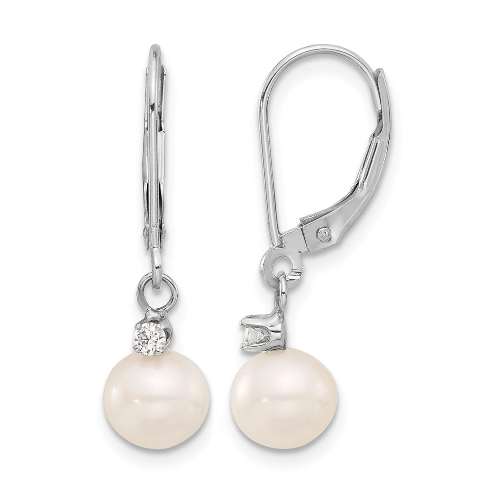 14K White Gold 7-8mm White FWC Pearl and .10ct Dia Dangle Earrings