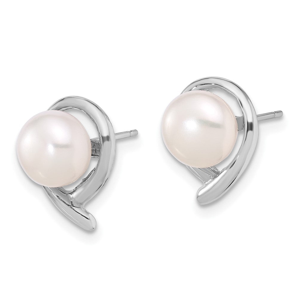 14K White Gold 7-8mm Button White FWC Pearl Post Earrings