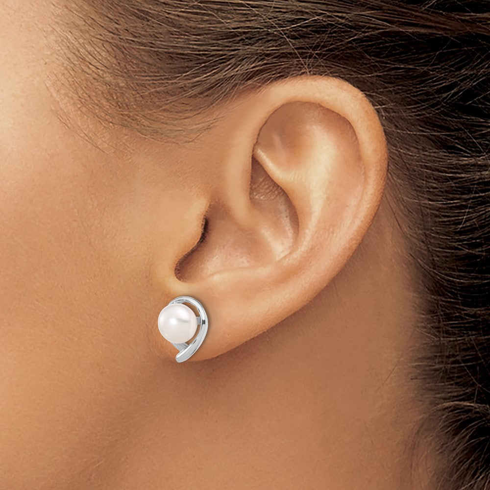 14K White Gold 7-8mm Button White FWC Pearl Post Earrings